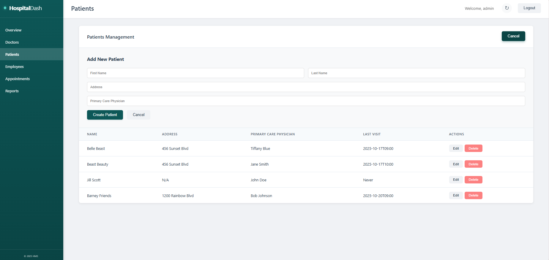 Patient Management Interface